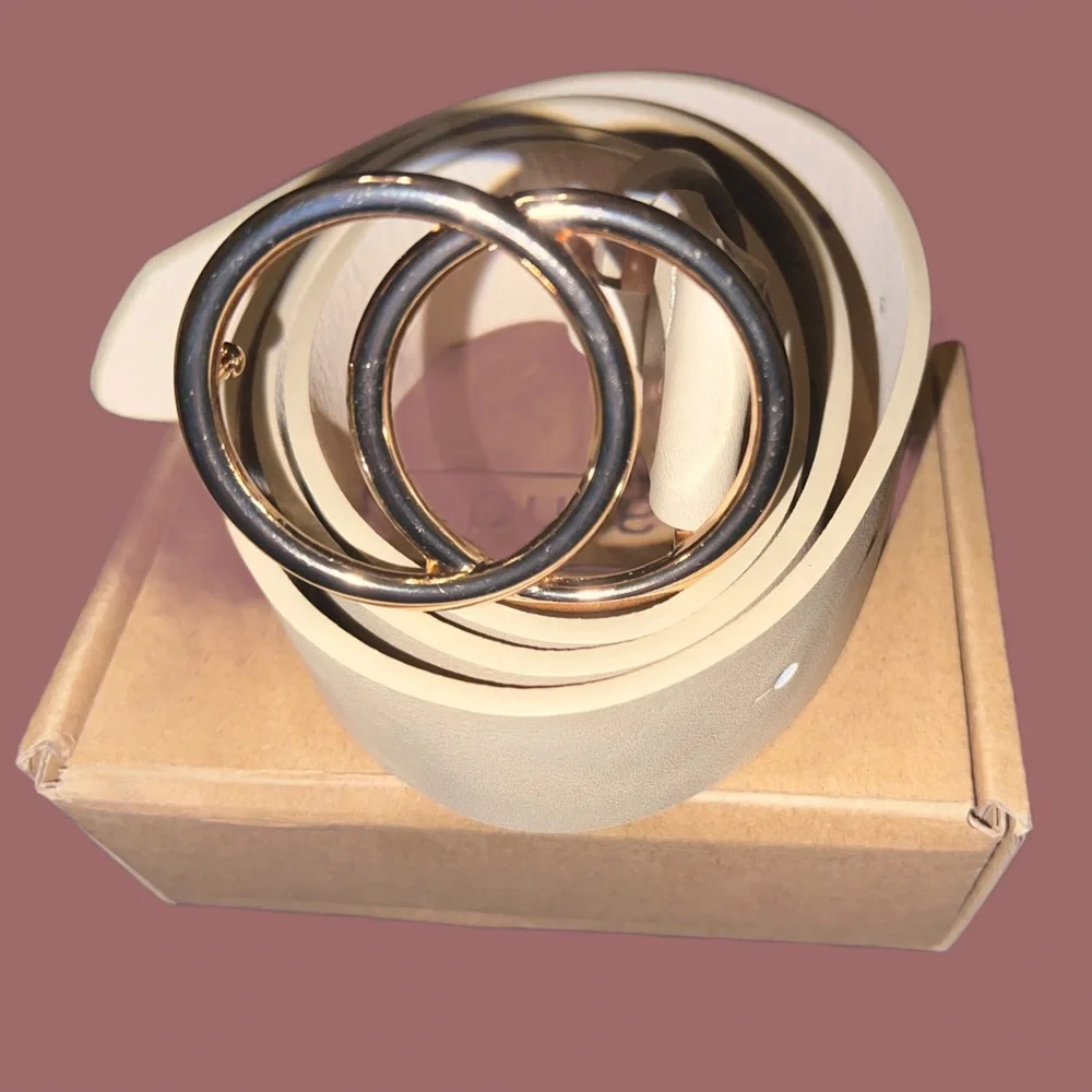 Golden Double Circle Buckle Elegant Cream Ivory Belt NWT NEW work school
